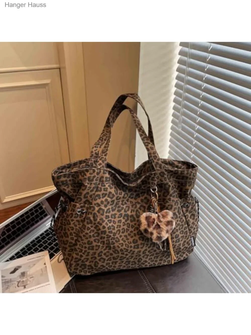 Leopard Print Tote Bag with Pockets, Nylon Work Purse, Y2K Shoulder Bag